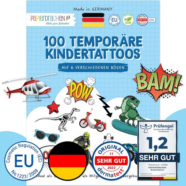 Detalle de Papierdrachen 100 Papierdrachen Hautfreundliche Kindertattoos zum Aufkleben (vegan, geprüft) – 6 Bögen