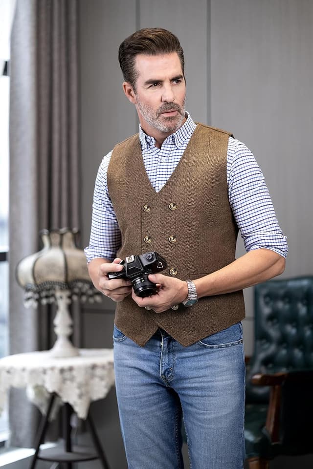 Detalle de Solovedress Herren Vintage Wolle Anzugweste im Regular Fit mit V-Ausschnitt