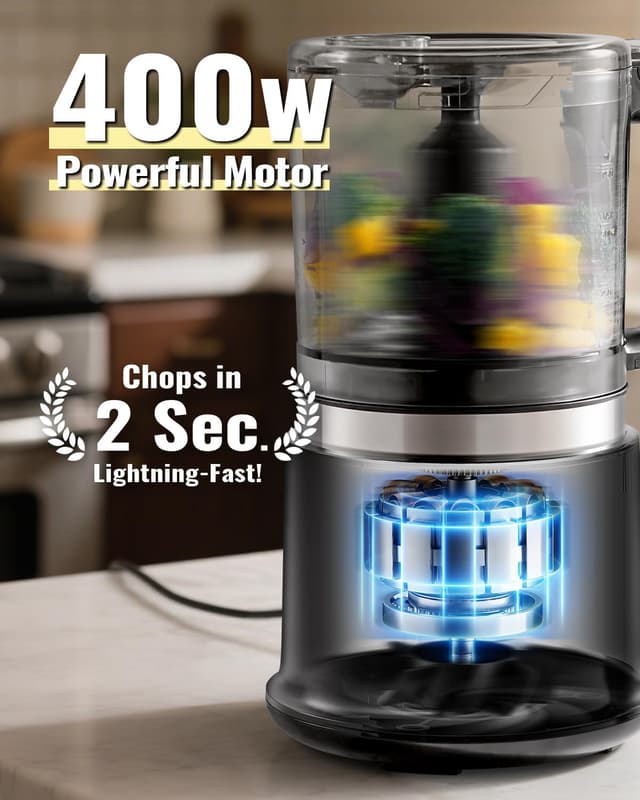 Detalle de Food Chopper 4-Cup Mini Electric Meat Grinder with 2-Speed Control, 4 Stainless Steel Blades and Whisk (400W, BPA-Free)