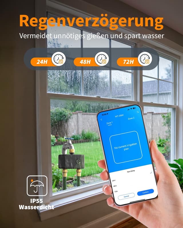 Detalle de Diivoo WLAN-Bewässerungscomputer mit 2 Ausgängen, Messinganschlüssen und 12 Zeitplänen (APP/Alexa/Google, Regenverzögerung)