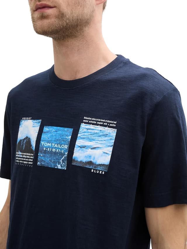 Detalle de Tom Tailor 1046712 T-Shirt da uomo in cotone jersey con stampa frontale (confezione da 1)
