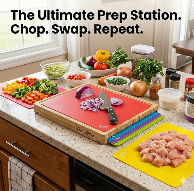 Thumbnail 6 de Cooler Kitchen Bamboo Cutting Board Set with 6 Color-Coded Flexible Mats, Holder, BPA-Free (Dishwasher Safe)