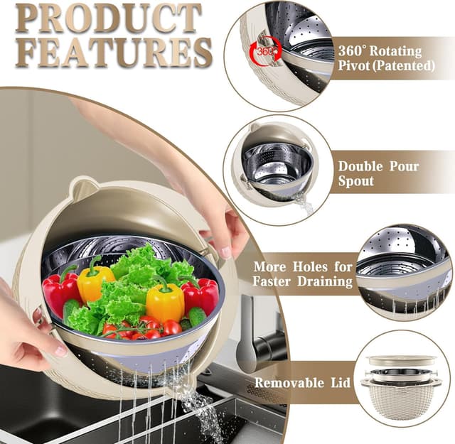 Detalle de 4-1 Colander with Bowl Set (Rotatable) — Stainless Steel + Grater Attachments for Kitchen Prep