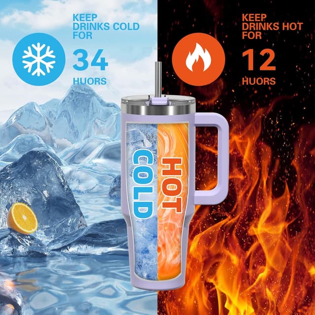 Detalle de 40 oz Tumbler with Handle (Purple) — Double-Wall Insulated Stainless Steel Travel Mug with Lid & Straw