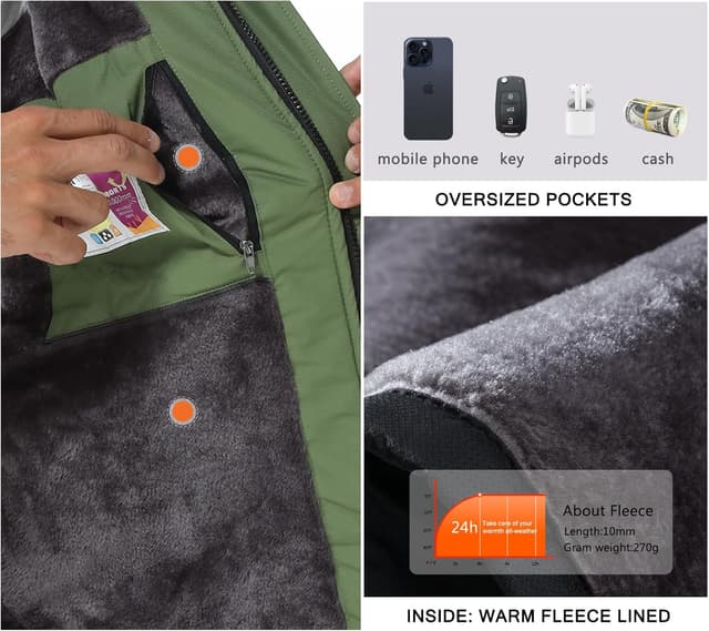 Detalle 2 de SPOSULEI Herren Winter-Fleecejacke mit Wetterschutz, abnehmbarer Kapuze und Utility-Taschen