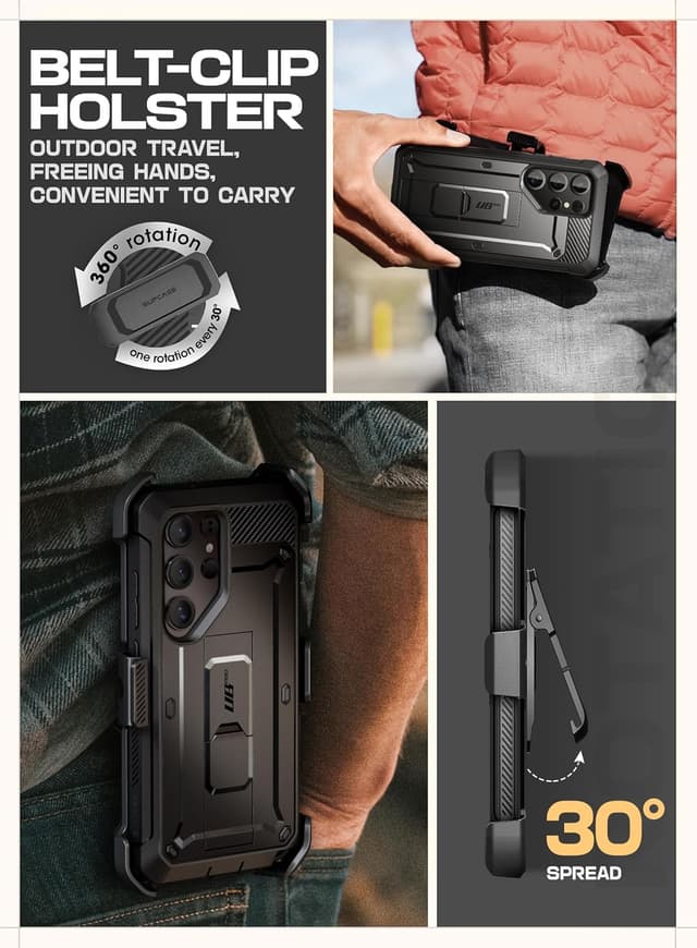 Detalle 2 de SUPCASE for Samsung Galaxy S25 Ultra Case with Stand (Unicorn Beetle Pro) — built-in screen protector, kickstand & rotating belt-clip, Black