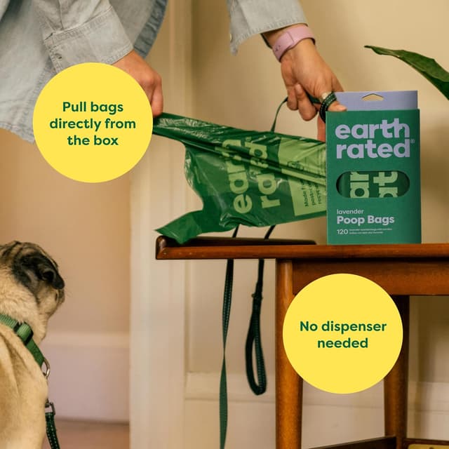 Detalle de Earth Rated Dog Poo Bags with Handles (Lavender Scent), 120 Bags – Leakproof & easy tie