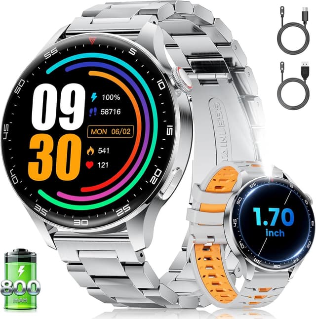 Detalle de Montre connectée homme 1,7" avec appel Bluetooth et grand écran HD, argentée