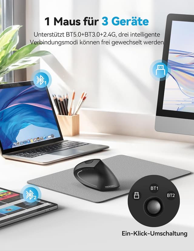 Detalle de TECKNET ergonomische Bluetooth-Maus mit Jiggler & wiederaufladbar – BT 5.0/3.0 + 2,4 GHz, bis 4.800 DPI