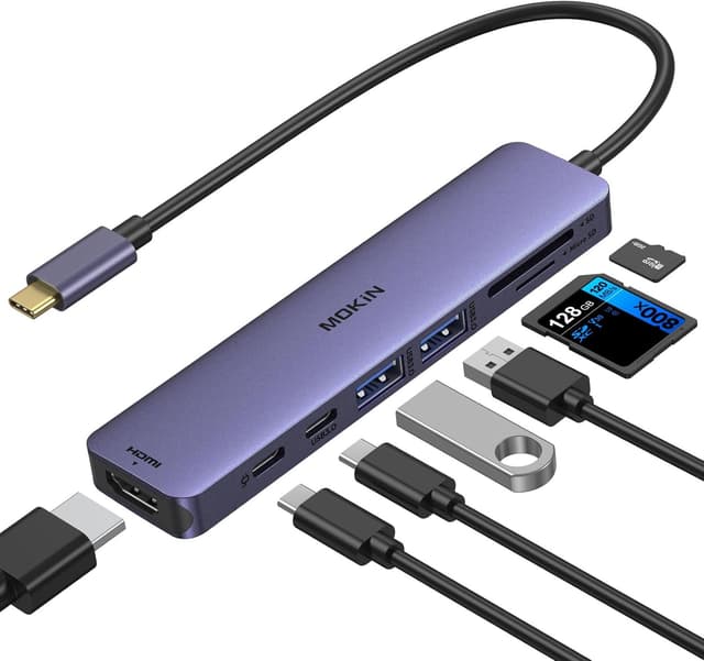 Detalle de MOKiN USB-C Hub 7-in-1 (HDMI 4K, 2× USB 3.0, SD/microSD, USB-C PD 100 W) für MacBook, iPad & Co. (lila)
