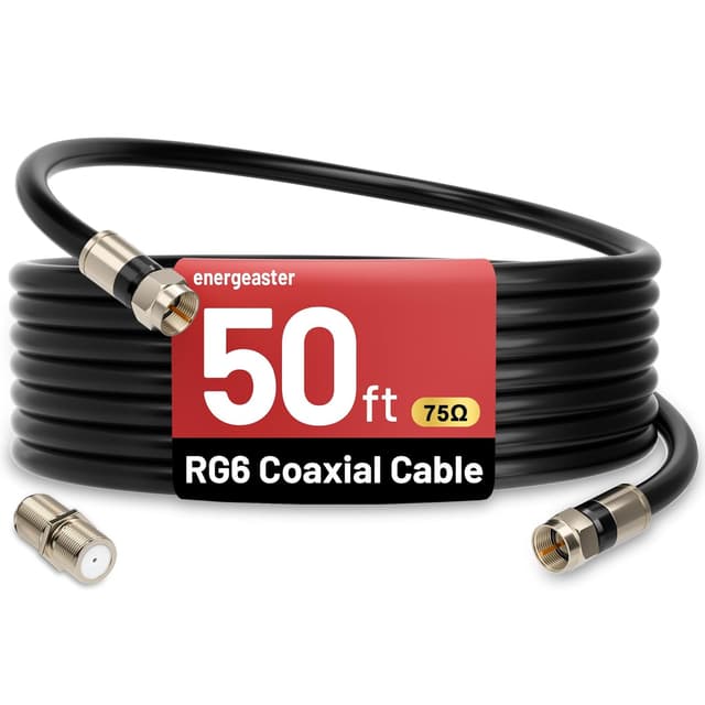 Detalle de Energeaster 50FT RG6 Coaxial Cable with F-Type Connector (Black) — Coax Cable Extender for Internet and TV