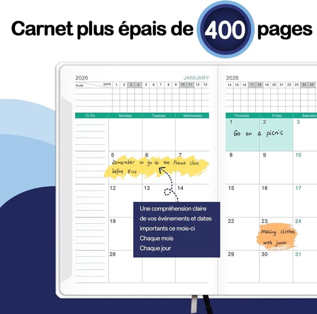 Detalle de Pcuntslo Agenda 2026 semainier A5 (janvier à décembre 2026) – 200 feuilles/400 pages, bloc note journalier