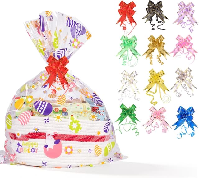 Detalle de 12PCS Easter cellophane basket wrap bags with bunny & egg designs (45 x 60cm)