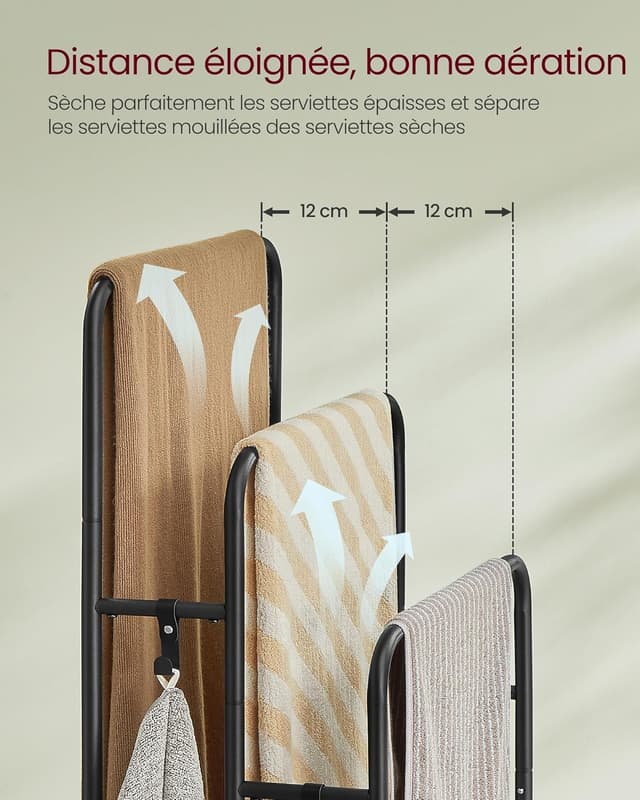 Detalle 2 de VASAGLE LLS009B01 Porte-serviettes sur pied avec 3 barres et étagère de rangement pour salle de bain