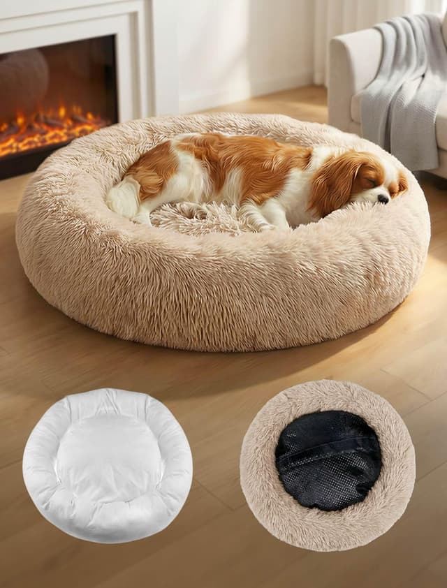 Detalle de OKPOW Donut Dog Bed Medium (60cm) Washable Anti-Anxiety Calming Beige
