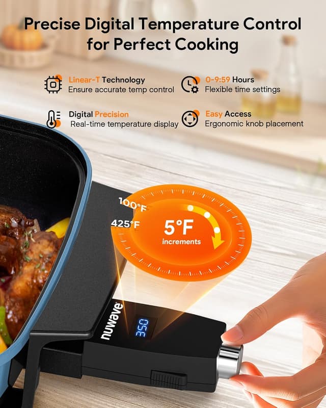 Detalle de Nuwave Medley XL Digital Electric Skillet (7-qt) with Tempered Glass Lid, 100°–425°F Precision Heating, PFAS-Free G11 Nonstick
