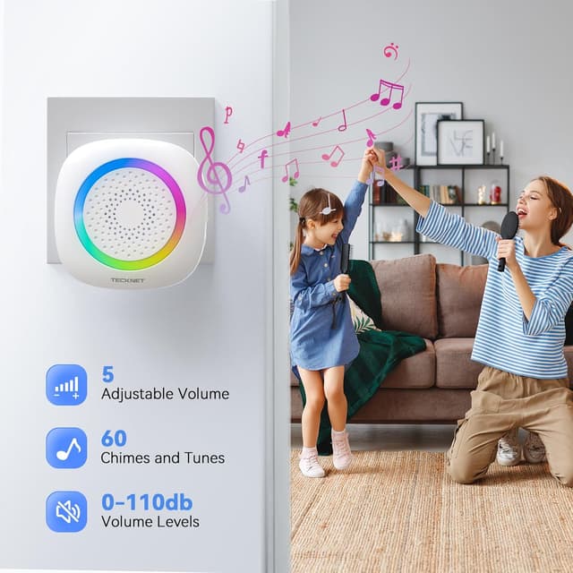 Detalle 2 de TECKNET Wireless Doorbell kit with 2 plug-in receivers, 60 chimes and IP66 weatherproof range up to 400m