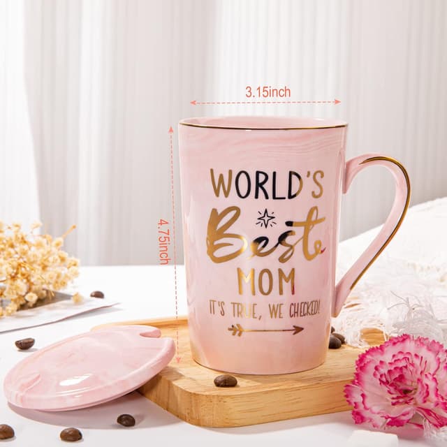 Detalle 2 de Mothers Day Birthday Gifts for Mom from Daughter Son – 14oz Funny “World’s Best Mom” Mug Set in Pink Marble with Gold Print (Gift Boxed Set)