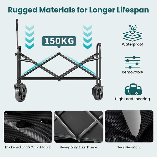 Detalle de reakoo faltbarer Bollerwagen mit teleskopischem Griff, XXL, 150 kg Tragfähigkeit – schwarz