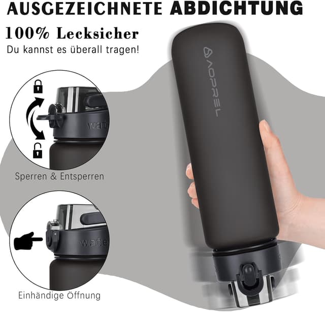 Detalle de AOPREL Trinkflasche 1 l aus Tritan (BPA-frei) mit Filter und Bürste – auslaufsicher für Sport, Wandern & Alltag