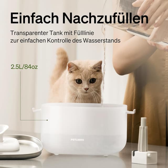 Detalle de PETLIBRO Katzenbrunnen Dockstream mit kabelloser Pumpe (2,5 l) – Edelstahl, 2 Trinkmodi, 23 dB