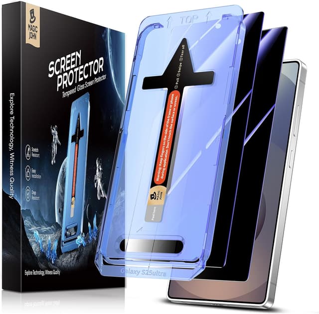 Detalle de MAGIC JOHN 2-Pack Privacy Tempered Glass Screen Protector for Samsung Galaxy S25 Ultra (Bubble-Free, Auto Dust-Elimination)