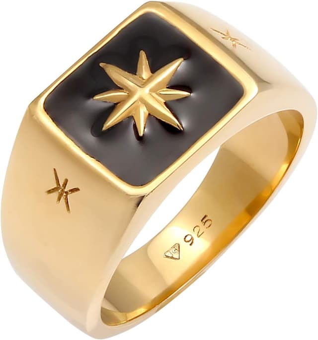 Detalle de Kuzzoi Chevalière pour homme en argent sterling 925 plaqué or, motif étoile et émail noir