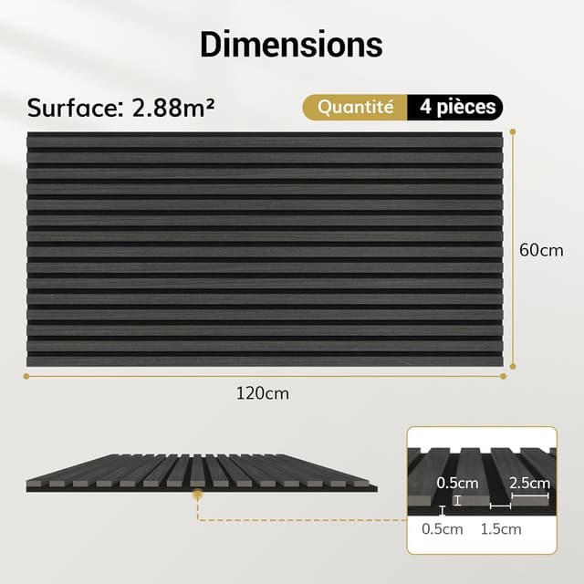 Detalle de TONOR lot de 4 panneaux acoustiques 3D en placage bois 120 x 60 cm (noir) – 2,88 m²