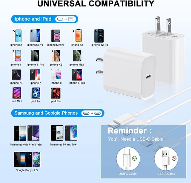 Detalle de MFi Certified 2-Pack 20W Fast iPhone Charger with 10FT USB-C to Lightning Cable (MFi) for iPhone 14/13/12/11 and More