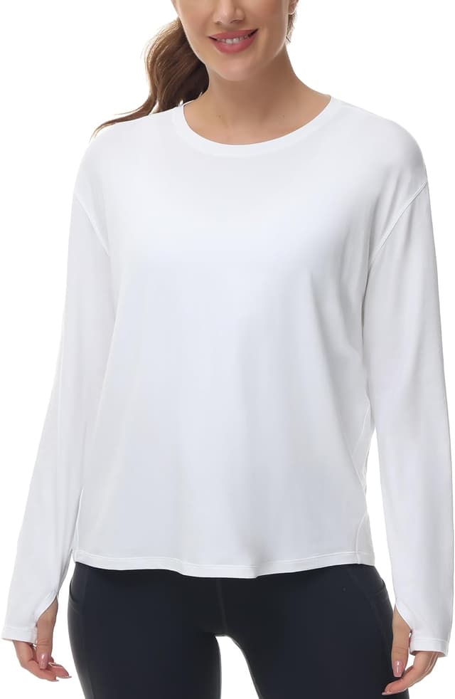 Detalle de THE GYM PEOPLE Women’s Long Sleeve Workout Shirt with Thumb Holes – Back Loose Fit Running Tee