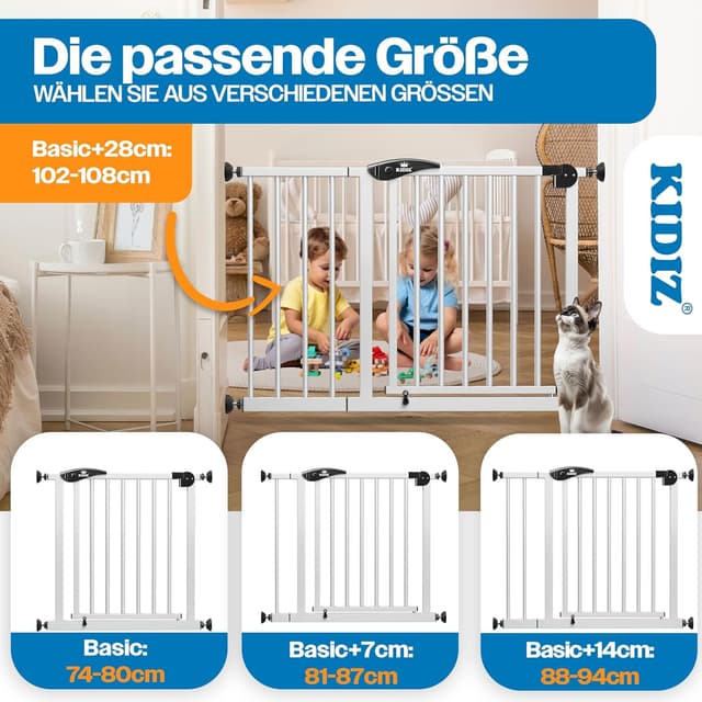Thumbnail 6 de KIDIZ Treppenschutzgitter ohne Bohren – verstellbare Breite 81–87 cm, 75 cm hoch, Türschutz- und Absperrgitter mit 90° Open-Stop