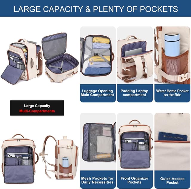 Detalle de ENZOSUM Cabin Bag 45x36x20 (30L) Beige underseat hand luggage backpack for 15.6-inch laptops