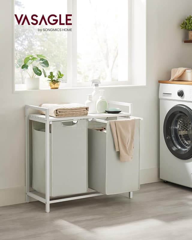 Detalle 2 de VASAGLE Wäschekorb mit 2 Fächern, Ablage & abnehmbarem Wäschesack (2 x 46 l) BLH201W01