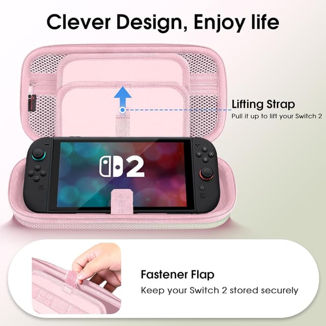 Detalle de FINTIE Tasche für Nintendo Switch 2 (2025) – EVA-Hülle mit Kartenhaltern, Netztasche und Rundum-Reißverschluss (Rosa Grün)