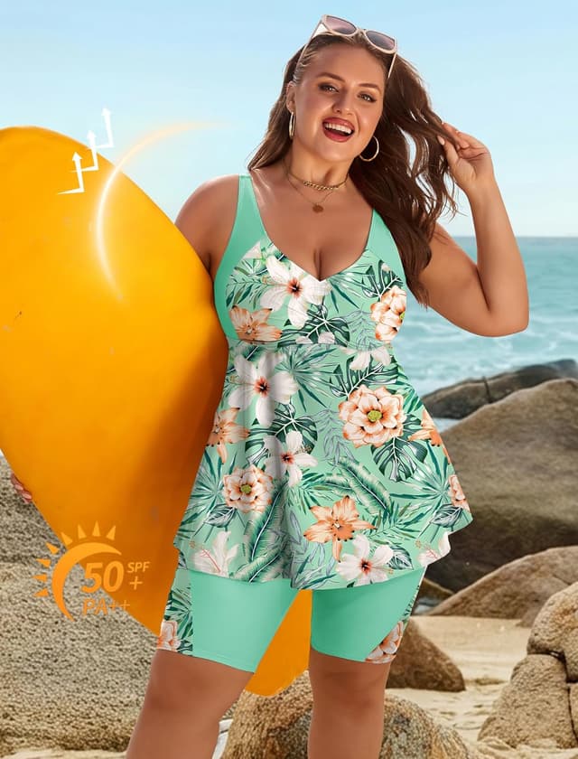 Detalle 2 de Arolina Plus Size Two-Piece Tankini Swimsuit with Shorts, Tummy Control & UV Protection