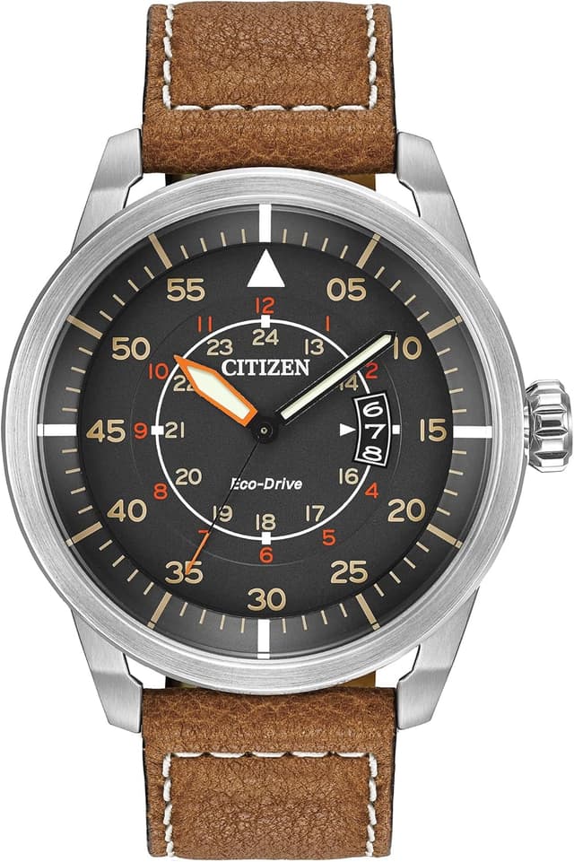 Detalle de Citizen Men’s Eco-Drive 3-Hand Date Avion Watch (AW1361:10H) with Leather Strap