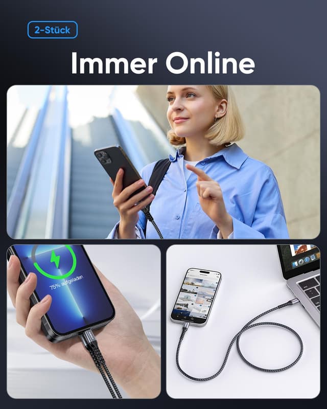 Detalle de Câble USB‑C vers Lightning SUNGUY (MFi) 2 m – 2 pièces, charge rapide compatible iPhone