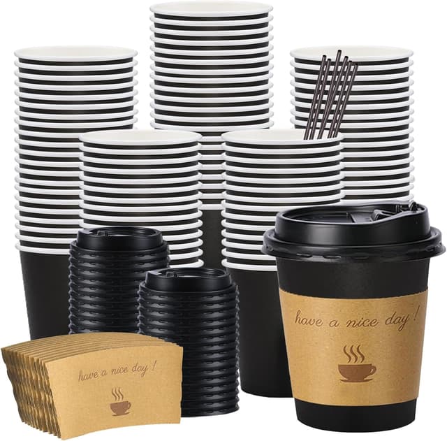 Thumbnail 6 de BYSNOW 100-Pack Insulated 12-Ounce Paper Coffee Cups with Lids, Sleeves & Straws