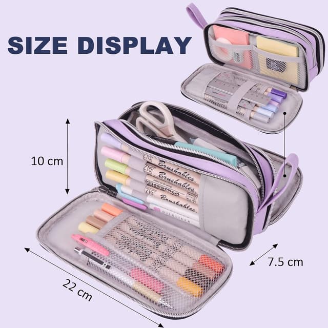 Detalle de COLOCASTLE Federmäppchen Mäppchen groß mit 3 Fächern (lila) – Platz für Stifte & Ordnung