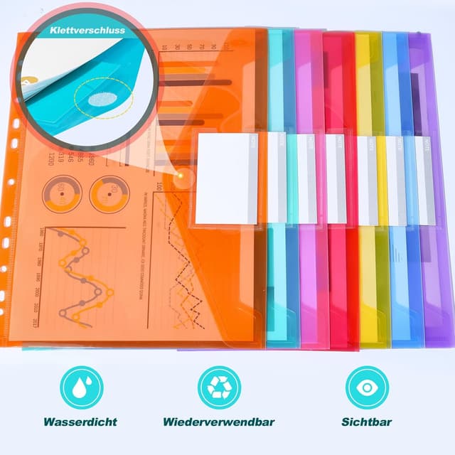 Detalle 2 de Dokumententasche A4 (28 Stück) – wasserdichte Sammelmappen mit 11-Loch-Rand, Klettverschluss & Etikettentasche
