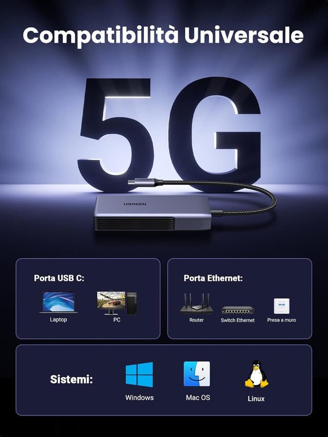 Thumbnail 6 de UGREEN Adattatore USB-C Ethernet RJ45 5 Gbps con WOL, Auto MDI/MDIX e alluminio