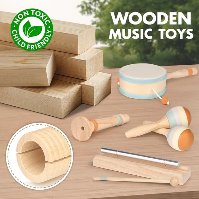 Detalle de Kids Wooden Musical Instrument Set (Maracas, Drum, Tambourine & More) for Toddlers