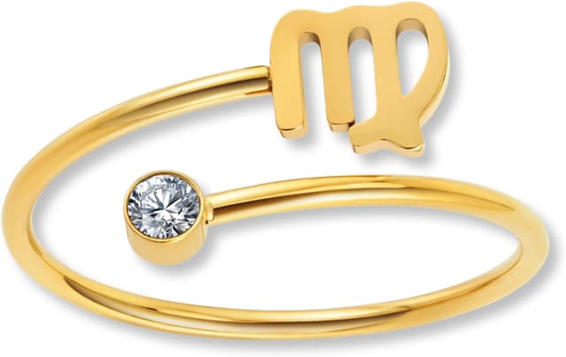 Detalle de Anello zodiacale con zirconi in oro 18K placcato su acciaio inox 316L, regolabile (misure 52-60) e impermeabile, incl. scatola regalo