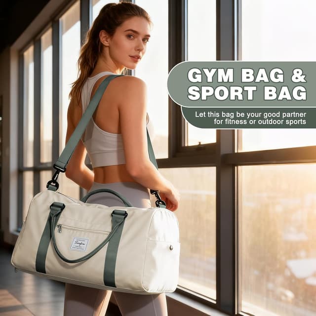 Detalle 2 de WEPLAN Sport-Duffel-Tasche mit Schuhfach & Nassfach (Handgepäck/Weekender) – Beige mit Grün