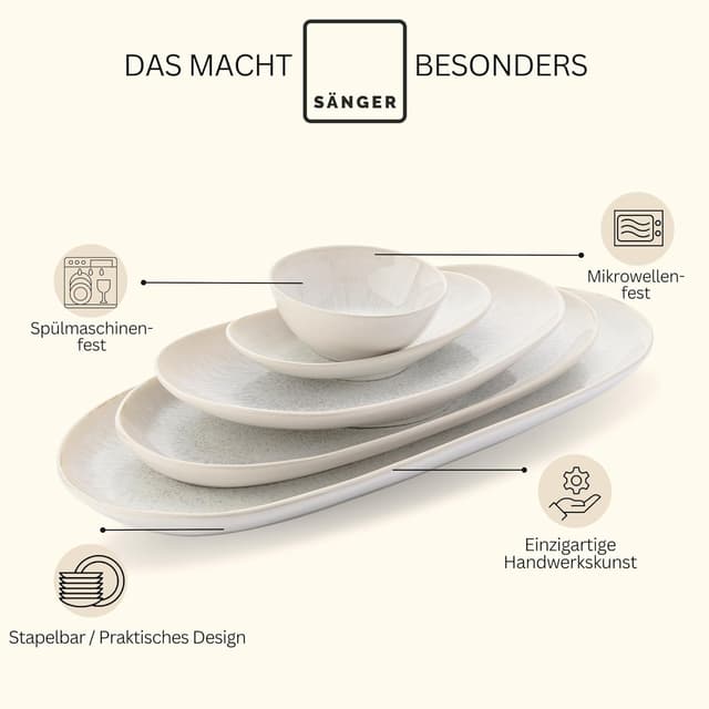 Detalle de SÄNGER Servierplatten Korfu 11- tlg. Set: Steingut Geschirrset mit Dip-Schalen & Servierplatten (cremefarben, spülmaschinenfest)