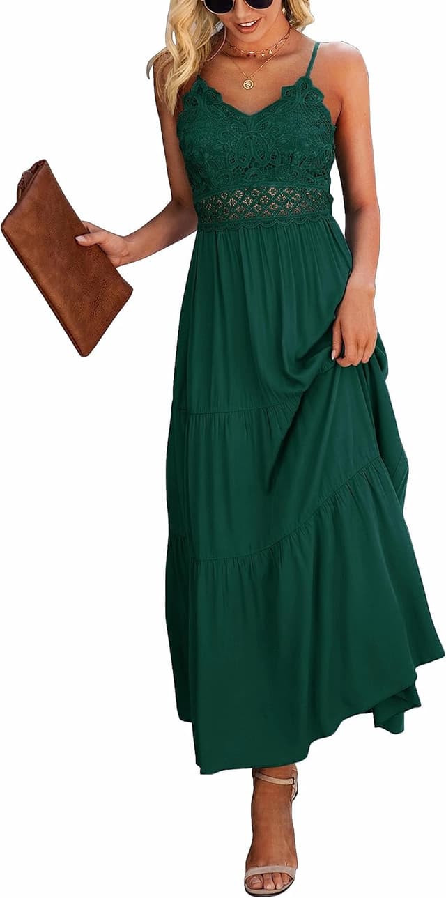 Detalle de Dokuritu Women’s Beach Crochet Lace Maxi Dress (Spaghetti Strap, Solid Color)