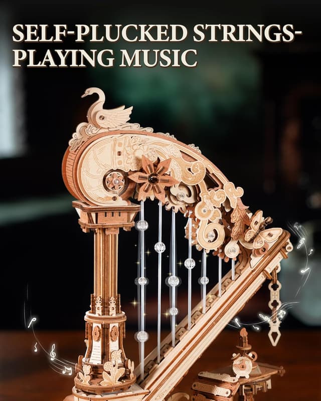 Detalle 2 de ROBOTIME 3D Puzzle Holz Harfe Baukasten (18. Jahrhundert) mit automatischem Saitenzupfen