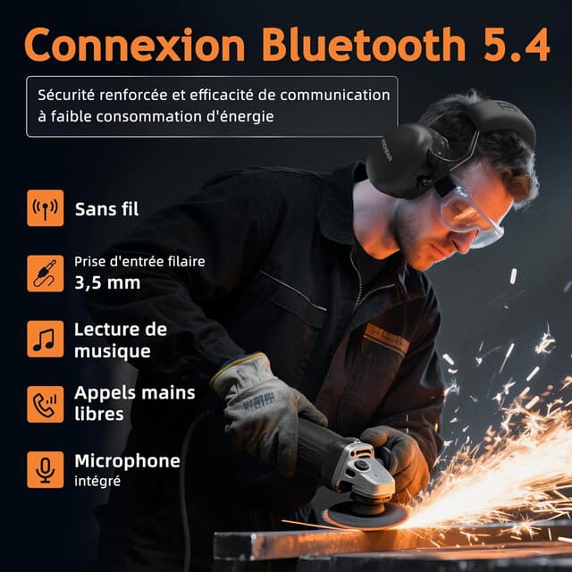 Detalle 2 de Casque anti-bruit PROHEAR 037 Bluetooth 5.4 rechargeable (SNR 30 dB) avec sac de transport – Noir