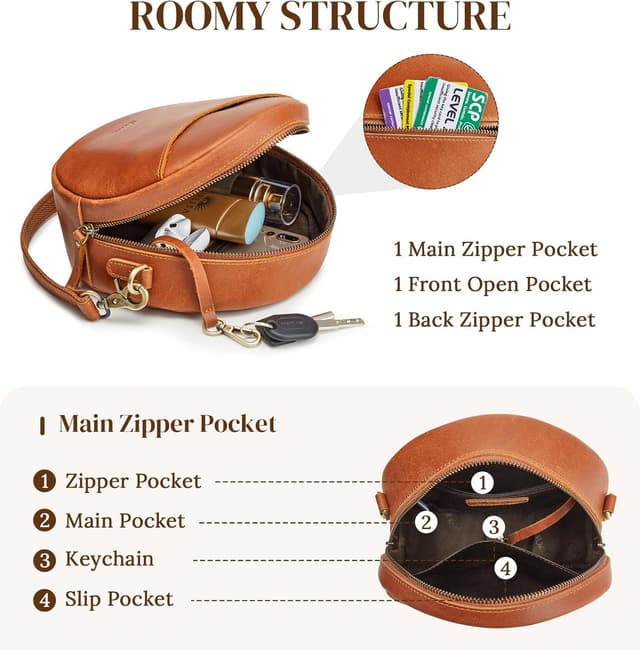 Detalle de S-ZONE leather circle crossbody bag for women with adjustable strap and multiple pockets