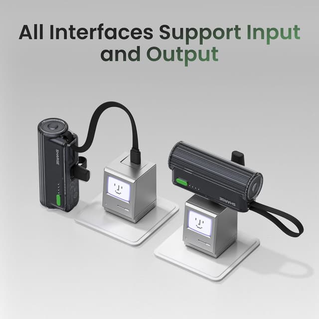 Detalle de SHARGE Flow Mini 2 5000mAh Power Bank (22.5W) with Dual Plugs and Built-in Cable